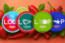 LOOP nicotine pouch cans with fresh fruit and chili peppers